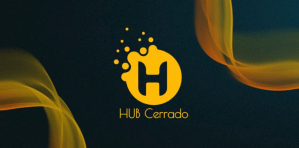 Marca Hub Cerrado em fundo azul com formas amarelas